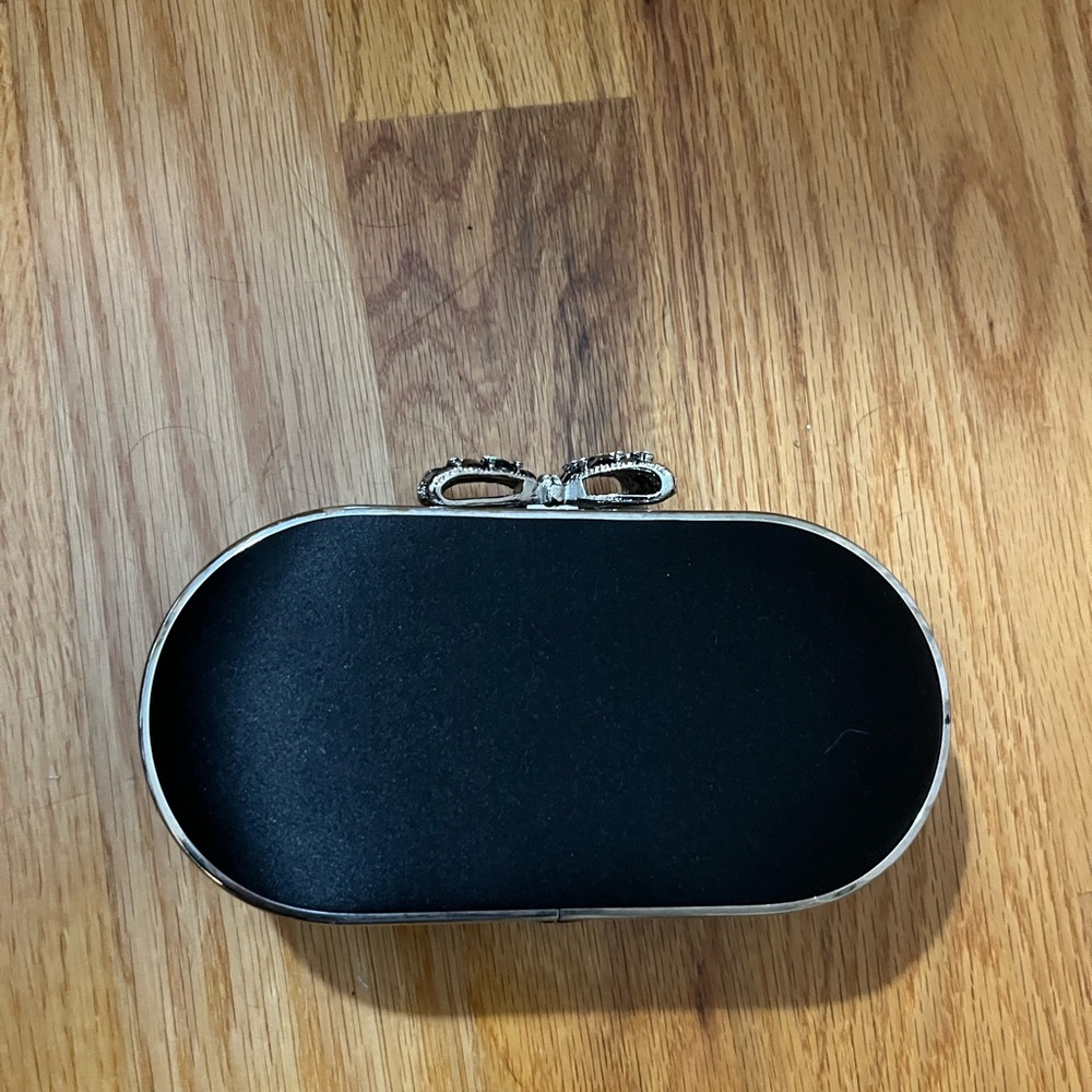 Lulu Townsend Black Clutch with Silver Chain and Bow